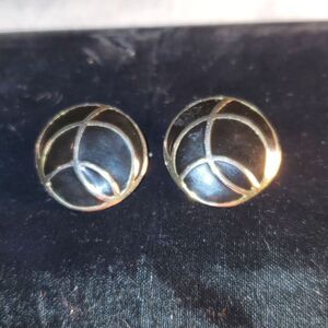 Vintage Monet Clip-On Round Goldtone‎ & Black Enamel Concentric Design Earrings